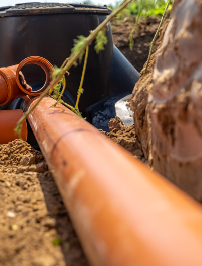 orange drainage pipe in soil with green foliage near two connections