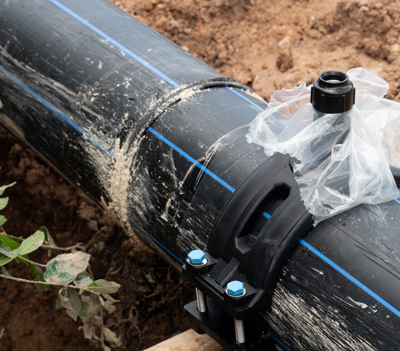 black irrigation pipe with a clamp and fitting in a dug area surrounded by soil and plants showing water management setup for agricultural use